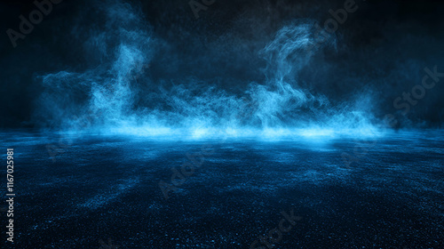 Dark asphalt floor with glowing blue smoke and mist