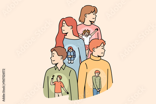 Inner child in bodies men and women affects psychological state and emotional balance. Concept inner child unconsciously controlling lives of boys and girls who experienced mental turmoil in childhood