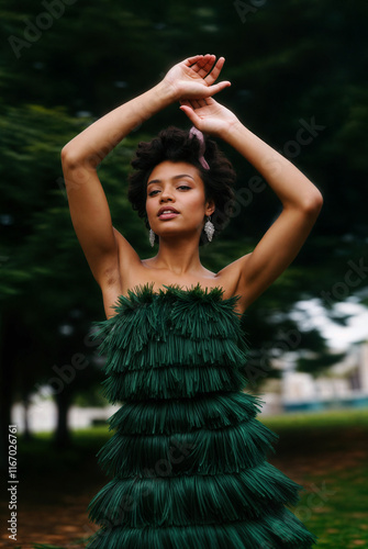 Young African American woman in emerald green feathered gown poses gracefully with raised arms outdoors, wearing natural afro hairstyle and sparkly earrings photo