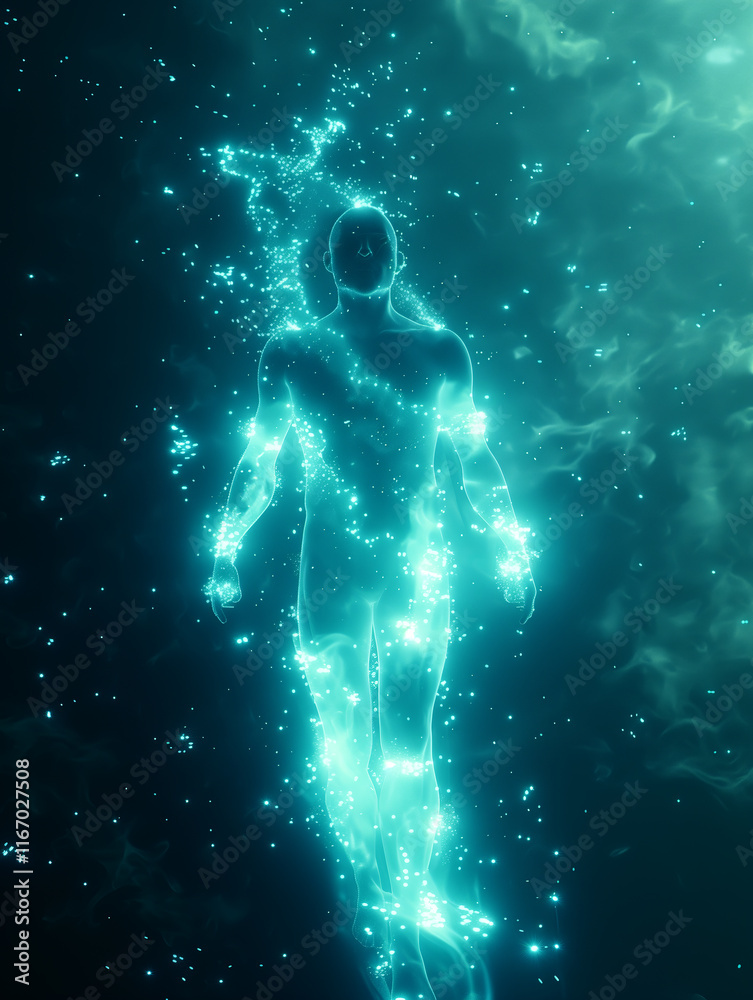 glowing translucent fluorescent, minimal Outline of a human dissolving and disappearing into particles glowing translucent fluorescent, minimal Outline of a human dissolving and disappearing into particles