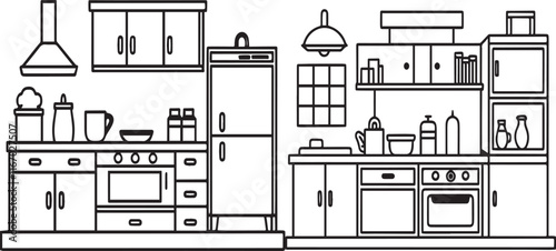 Black and white line art Silhouette kitchen  furniture vector doodle art in white background