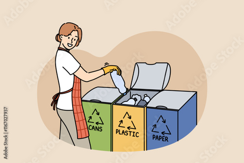 Woman sorts garbage using three various bins for different types of waste, saving planet. Girl sorts garbage wanting to avoid environmental disaster and global warming caused by lack of recycling.