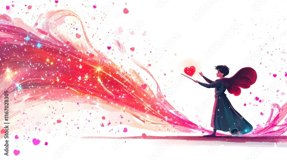 Fototapeta premium A young child with wings stands confidently, using a wand to generate a dazzling stream of colorful sparkles and heart-shaped light in a magical realm