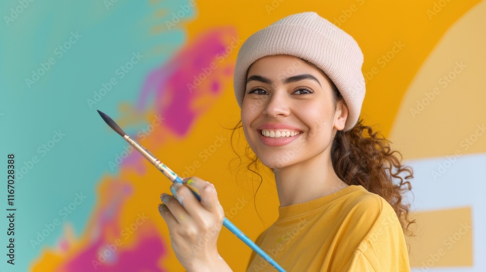 A cheerful artist holds a paintbrush, smiling in front of a vibrant, colorful mural, showcasing creativity and passion for art. A cheerful artist holds a paintbrush, smiling in front of a vibrant, colorful mural, showcasing creativity and passion for art.