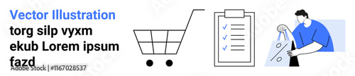 Shopping cart, checklist with ticks, person holding shopping bags. Ideal for e-commerce, retail, purchasing, consumer behavior, online stores sales promotion digital marketing. Landing page