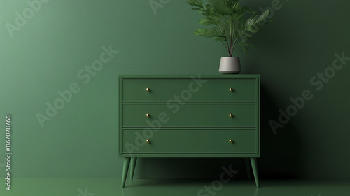 green plant in a vase on a green  wooden chest of drawers isolated on black background , antique furniture 
