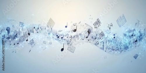 Abstract representation of musical notes swirling through the air, symbolizing harmony and creativity, with soft blue tones enhancing the visual effect photo