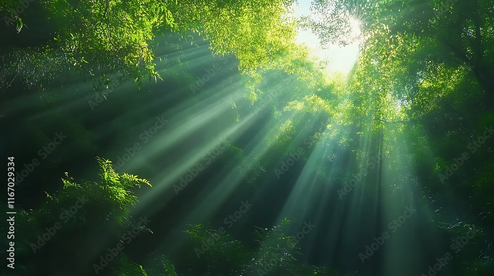 Fototapeta premium Sunbeams Illuminating Lush Forest Canopy