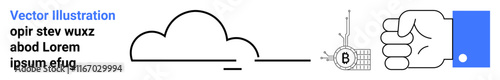 Cloud with simple line design, intricate abstract key, hand holding a blue card. Ideal for web design, branding materials, tech blogs, educational content, marketing collateral, app interfaces