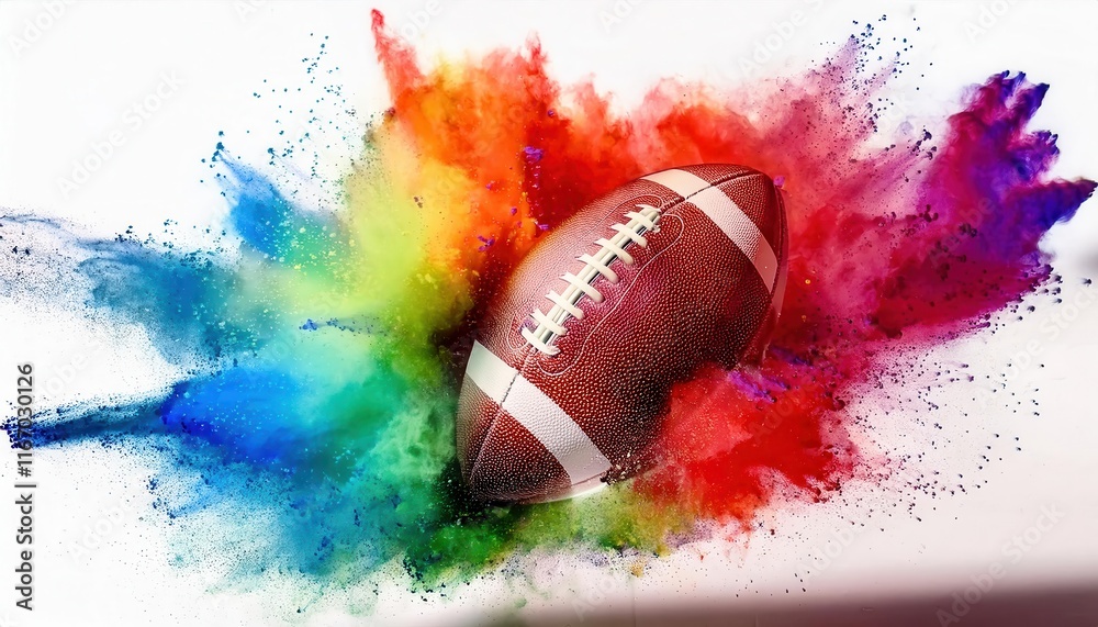 Vibrant Explosion of Color Surrounding an American Football for Super Bowl Themed Promotions, Celebrations, and Creative Designs, Highlighting Energy, Passion, and Dynamic Team Spirit in Sports Art