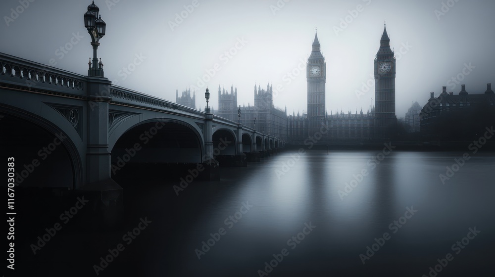 Foggy London cityscape with Big Ben and bridge. Foggy London cityscape with Big Ben and bridge.