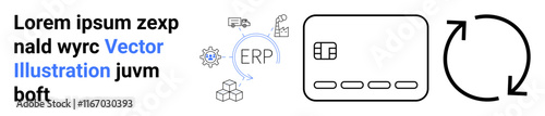 ERP in gear mechanism surrounded by logistics, computing icons, and cycle arrow. Ideal for enterprise planning, business processes, workflow simplicity, management systems, logistics coordination