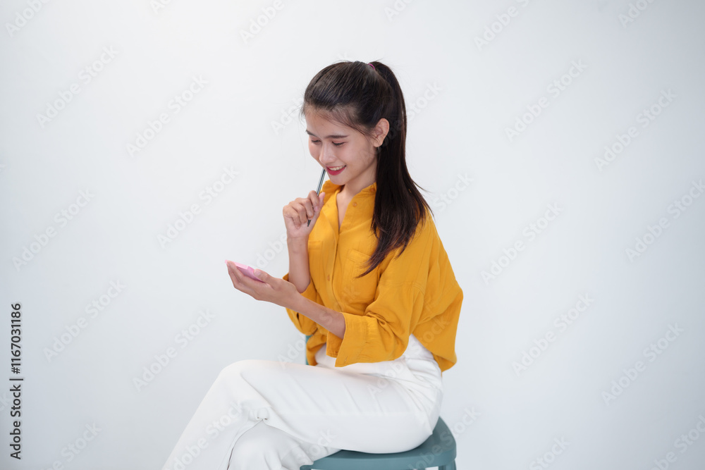 Obraz premium Asian woman taking notes with yellow shirt on white background