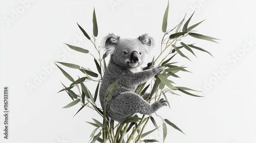 Koala bear sitting on eucalyptus branches against white background. photo