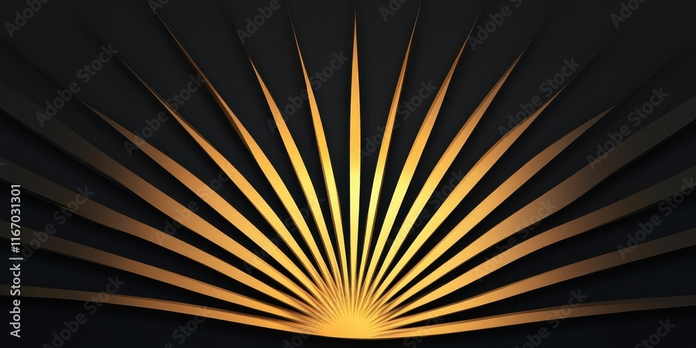 Obraz premium Golden rays extend outward from a focal point against a dark background, creating a striking contrast and showcasing a vibrant play of light and shapes