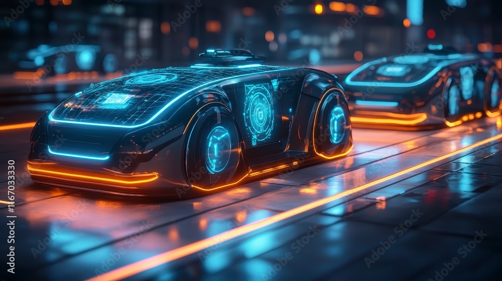 Futuristic Self Driving Electric Cars on Smart City Road at Night Futuristic Self Driving Electric Cars on Smart City Road at Night