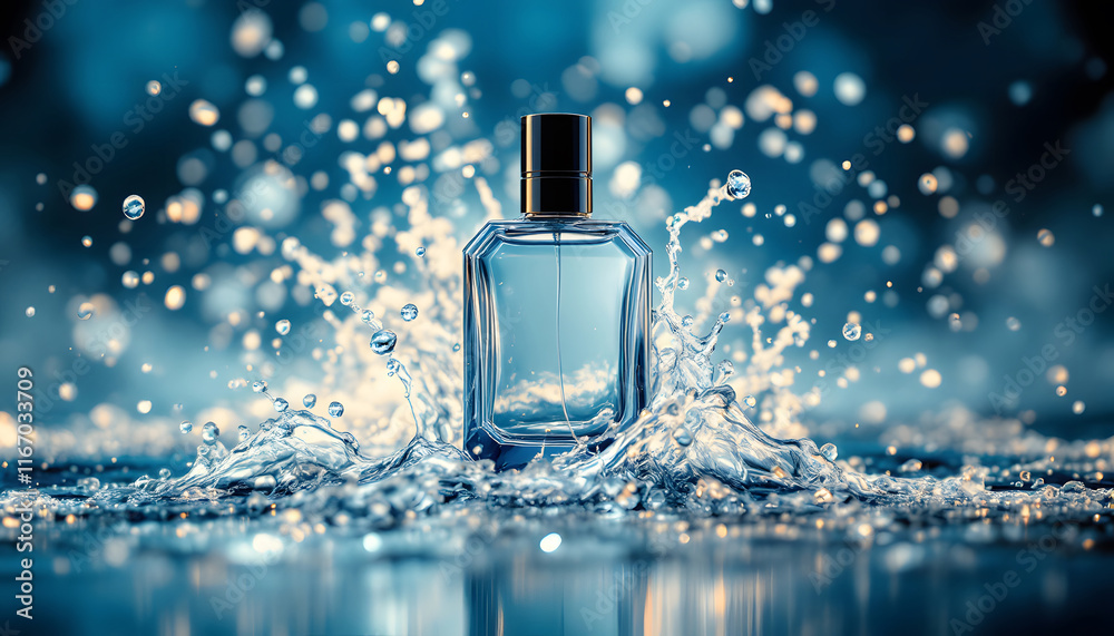 Crystal Clear Perfume Bottle in Blue Water Splash, Refreshing Concept, Perfume Bottle with Dynamic Water Splashes Crystal Clear Perfume Bottle in Blue Water Splash, Refreshing Concept, Perfume Bottle with Dynamic Water Splashes