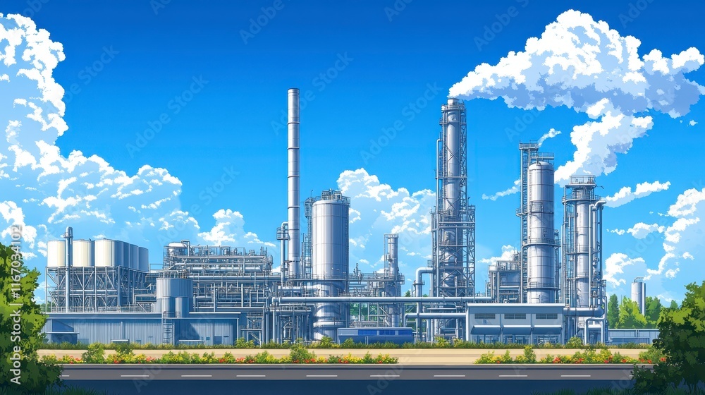 Modern Industrial Refinery Complex on Sunny Day Steel Structures Pipes Tanks and Blue Sky with Modern Industrial Refinery Complex on Sunny Day Steel Structures Pipes Tanks and Blue Sky with