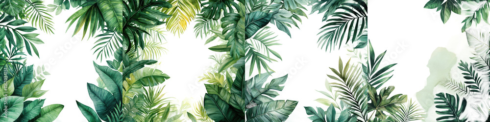 Naklejka premium Vibrant Tropical Foliage Background with Lush Green Leaves and Exotic Plants Scenic nature image showcasing a dense flourishing jungle or rainforest setting with a variety of tropical plants