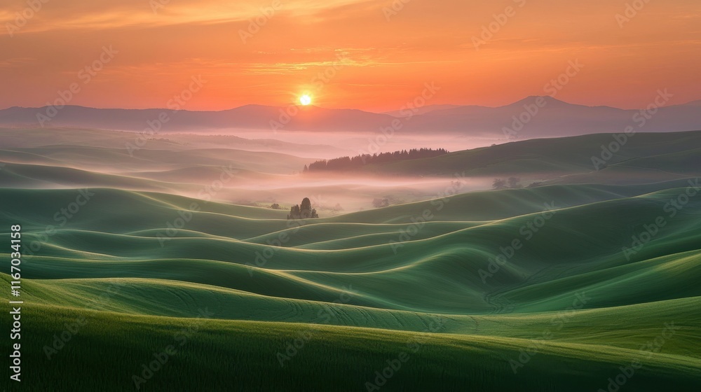 A breathtaking view of rolling green hills under a vibrant sunset sky, creating a serene and tranquil atmosphere in nature. A breathtaking view of rolling green hills under a vibrant sunset sky, creating a serene and tranquil atmosphere in nature.
