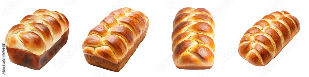 Assortment of freshly baked bread loaves including twisted braided and swirled designs showcased on a plain white background  The breads display a variety of golden brown crusts and fluffy