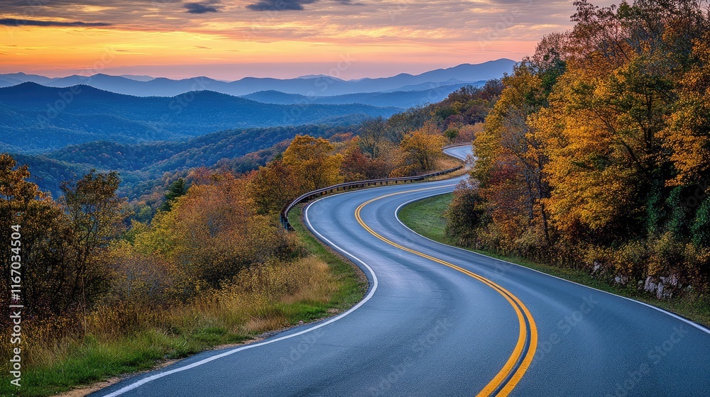 Fototapeta premium Mountain road at sunset. Beautiful curved roadway.