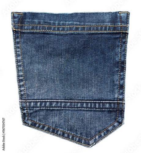 Asymmetrical blue denim back pocket on isolated background