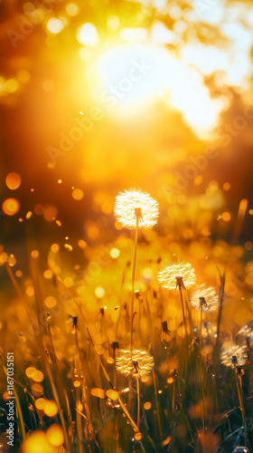 dandelion seeds against warm sunlight