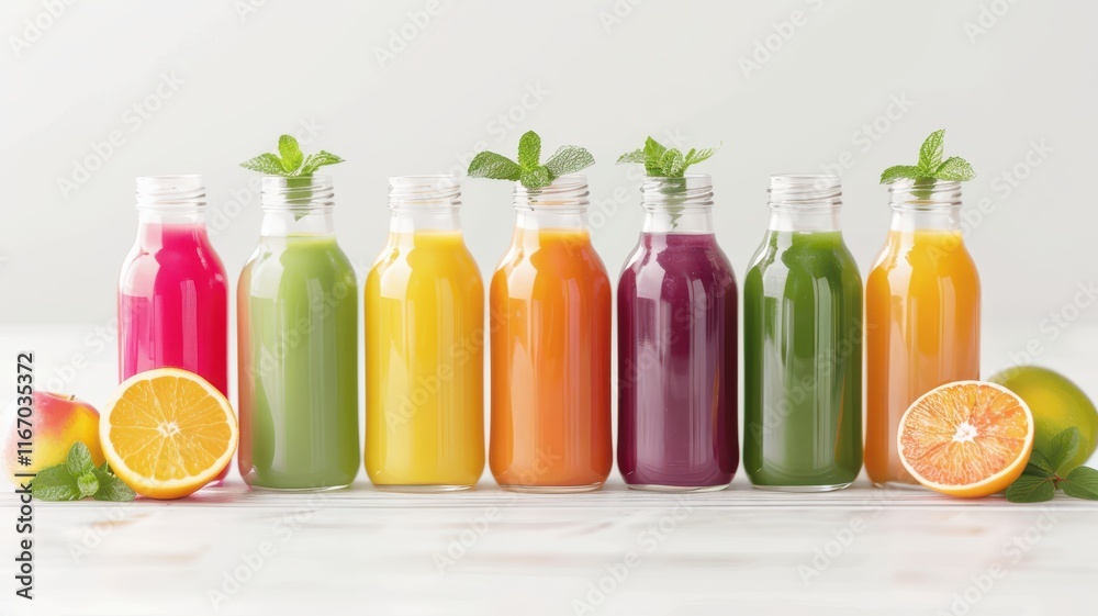 A colorful array of fresh juices in glass bottles, garnished with mint, showcasing vibrant hues and healthy options for a refreshing drink. A colorful array of fresh juices in glass bottles, garnished with mint, showcasing vibrant hues and healthy options for a refreshing drink.