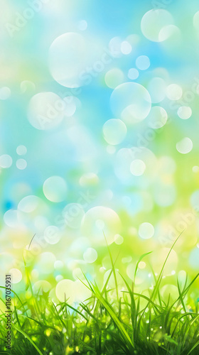 defocused blurred green grass and blue sky background