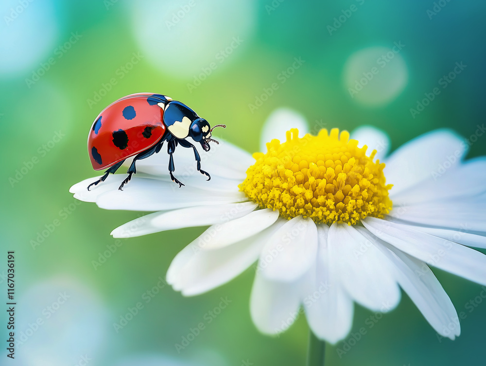 Fototapeta premium close up of one ladybird on white daisy flower.