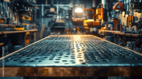 Hyper-realistic Workshop Table Metal Surface with Automotive Tools and Parts Blurred Background for Automotive Product Promotion photo