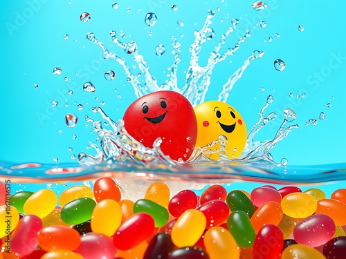 Joyful Jelly Bean Splash: Cheerful Rubber Balls in a Candy-Colored Water Feature AI Generated photo