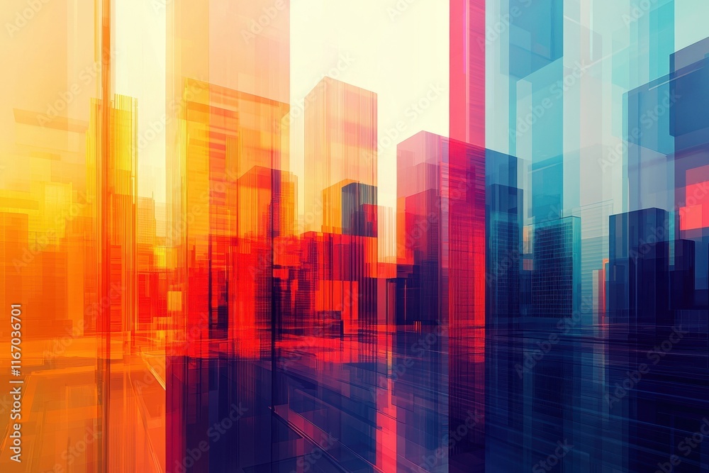 A vibrant abstract representation of city skyscrapers, showcasing colorful reflections and modern architecture. A vibrant abstract representation of city skyscrapers, showcasing colorful reflections and modern architecture.