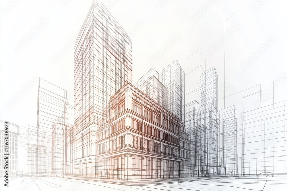 Fototapeta premium An architectural sketch depicting modern city skyline structures with intricate designs and lines highlighting urban development.