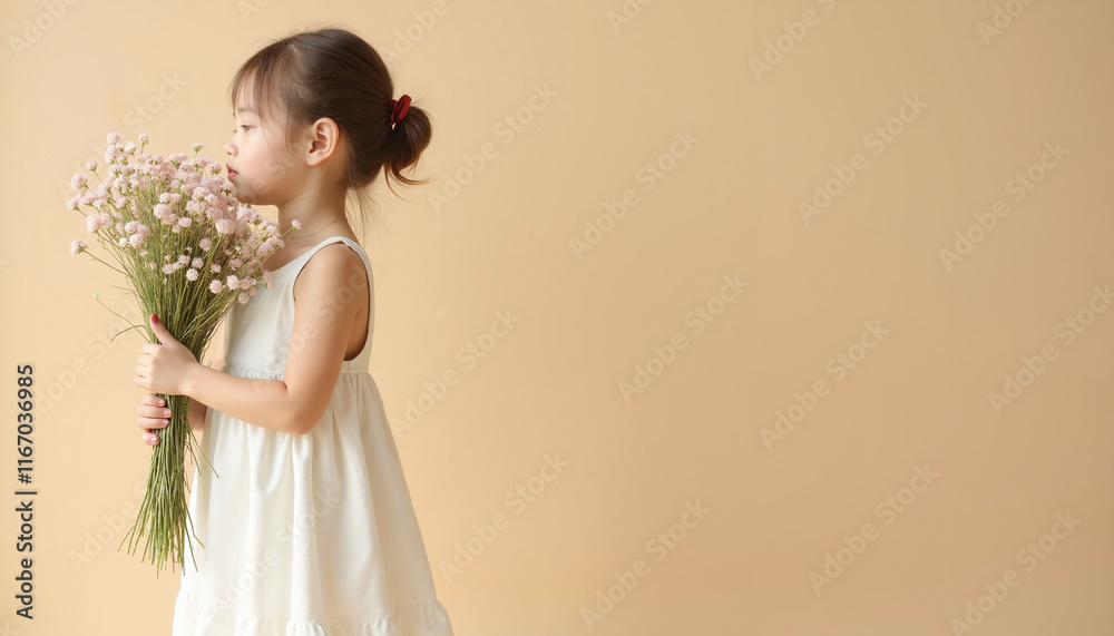 Little girl holding flowers against beige background Little girl holding flowers against beige background