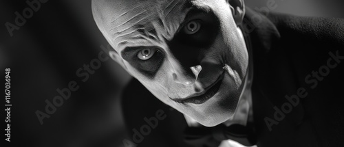 Close-up of a sinister, bald man with eerie makeup, smirking intensely.