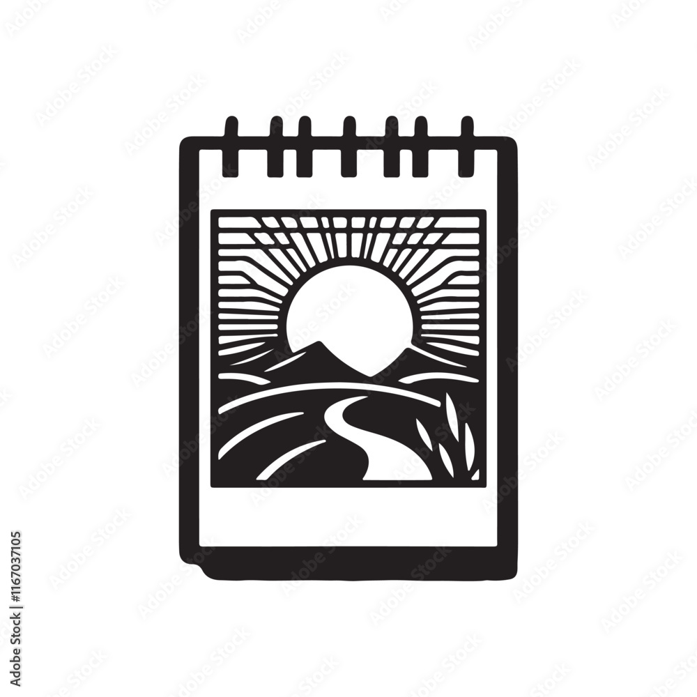 Stylish black and white graphic of a sunrise over a landscape, perfect for planners.eps Stylish black and white graphic of a sunrise over a landscape, perfect for planners.eps