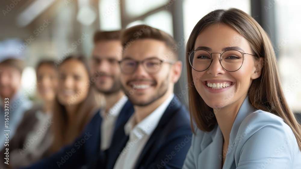 A diverse group of smiling professionals seated together, conveying a sense of teamwork and collaboration in a modern office setting. A diverse group of smiling professionals seated together, conveying a sense of teamwork and collaboration in a modern office setting.