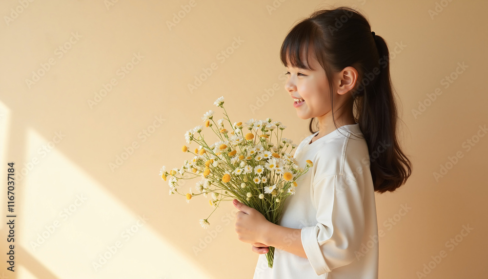 Smiling girl holding bouquet of flowers against a beige background Smiling girl holding bouquet of flowers against a beige background