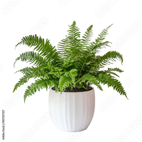 lush green fern potted on black pot house indoor decor isolated on white photo