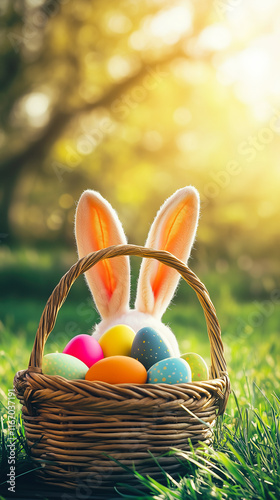 bunny ears hiding behind a basket with colorful eggs on meadow