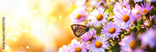 butterflies on purple daisy flowers