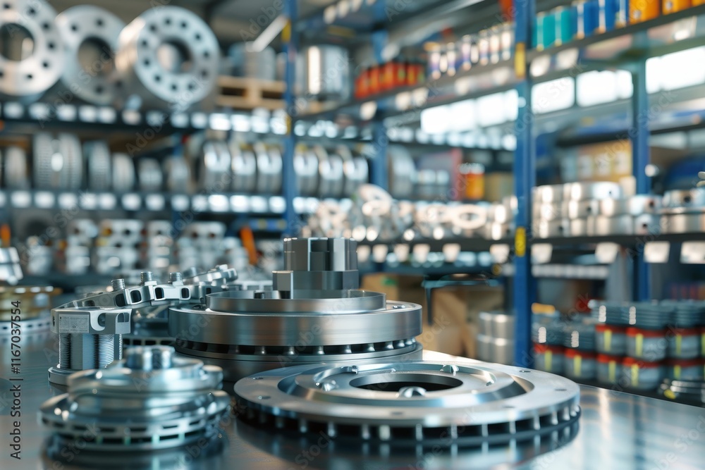 3d rendering of car parts brake disk, oil filter, and belt pulleys in an industrial store setting 3d rendering of car parts brake disk, oil filter, and belt pulleys in an industrial store setting
