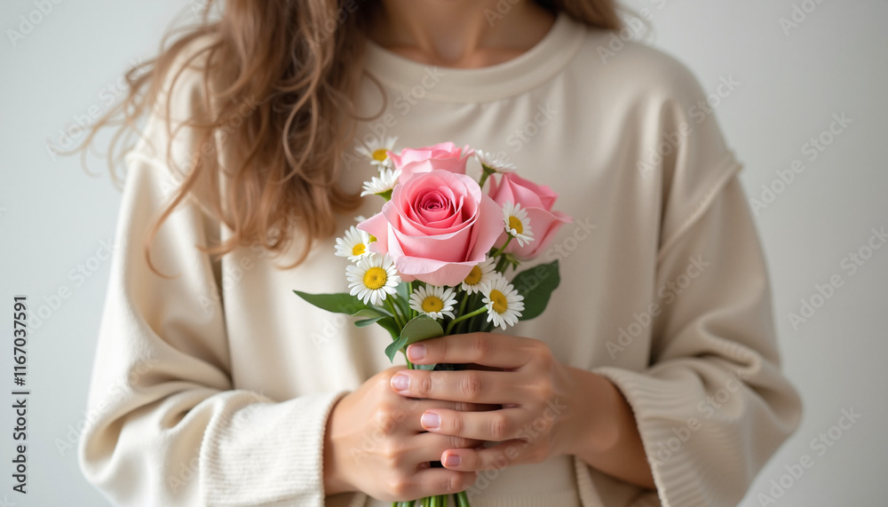 Woman holding pink roses and daisies against light background Woman holding pink roses and daisies against light background