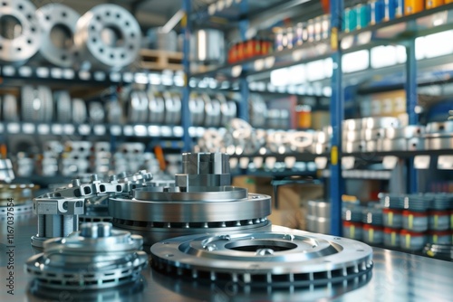 3d rendering of car parts  brake disk, oil filter, and belt pulleys in an industrial store setting photo