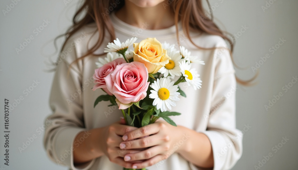 Woman holding bouquet of roses and daisies with a neutral background Woman holding bouquet of roses and daisies with a neutral background