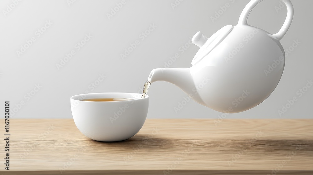 White Teapot Pouring Hot Tea into Cup on Wooden Table - Morning Tea Scene with Steam, Cozy Breakfast Setting, Minimalist Morning Background White Teapot Pouring Hot Tea into Cup on Wooden Table - Morning Tea Scene with Steam, Cozy Breakfast Setting, Minimalist Morning Background