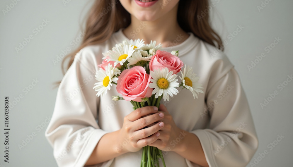 Girl smiling with bouquet of roses and daisies against neutral background Girl smiling with bouquet of roses and daisies against neutral background