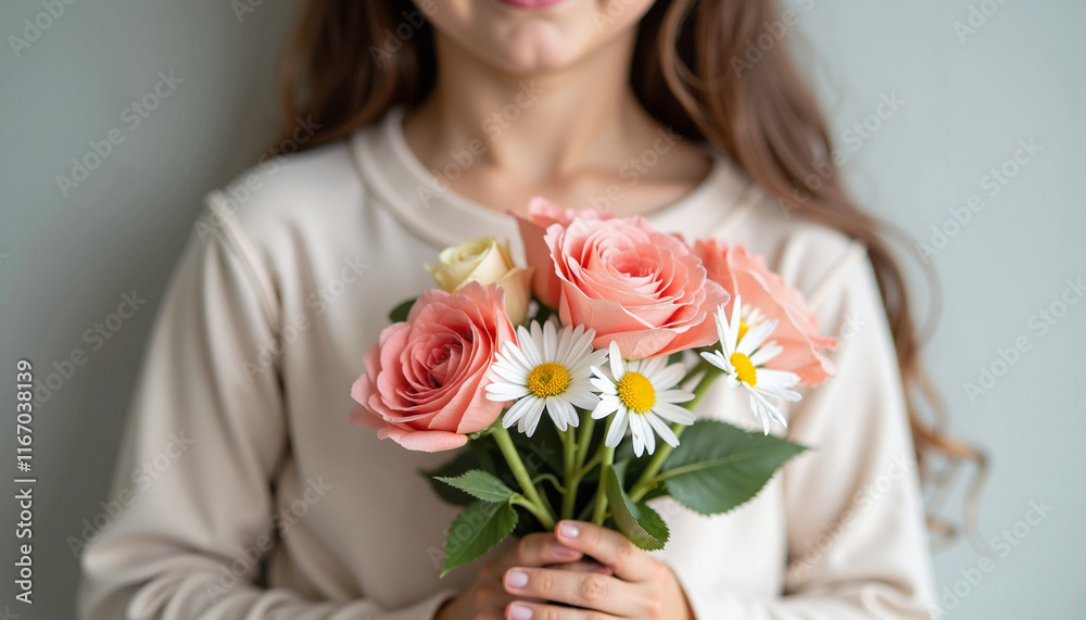 Girl smiling with bouquet of roses and daisies against wall Girl smiling with bouquet of roses and daisies against wall